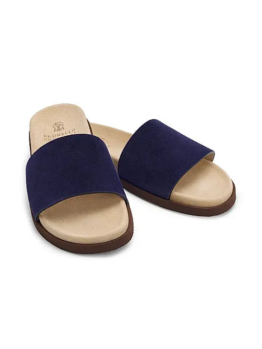Brunello Cucinelli "Blue Suede Slide Sandals"