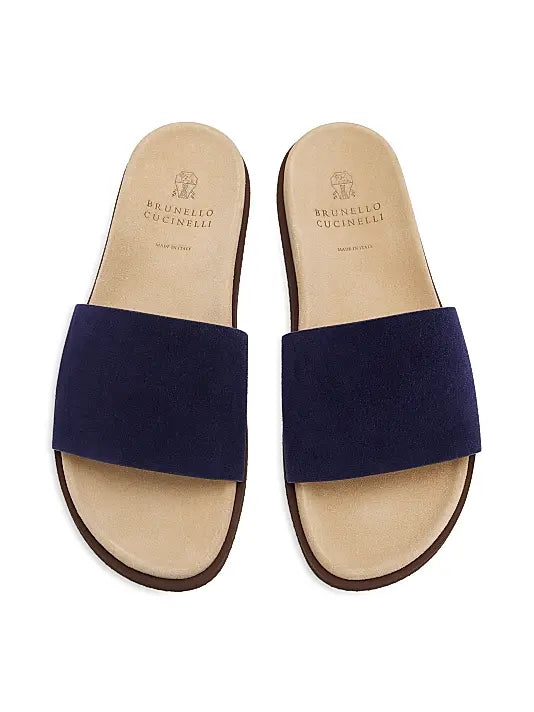Brunello Cucinelli "Blue Suede Slide Sandals"